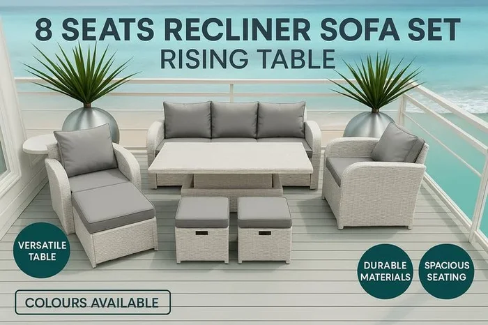 Weather-Resistant Rattan Reclining Sofa Set with Adjustable Table