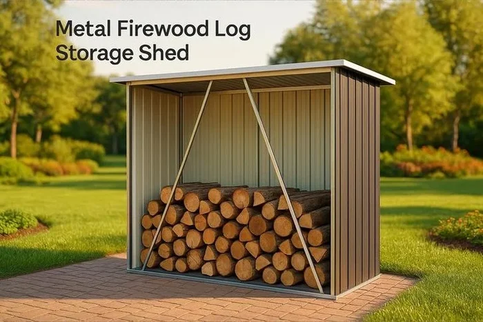 Weatherproof Metal Firewood Log Storage Shed with Slanted Roof and Ventilation