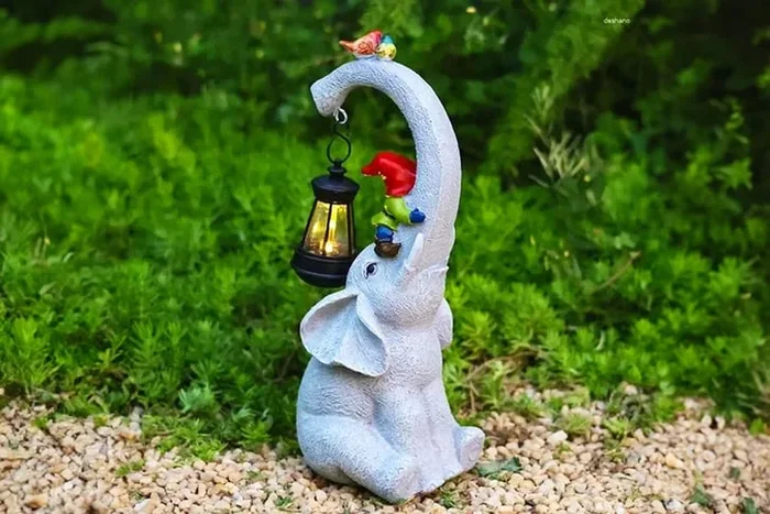 Whimsical Solar Light Elephant & Gnome Figurine