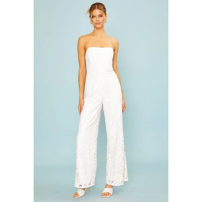 White Lace Corset Jumpsuit Sleeveless Wide Leg Pants Formal Attire [Sizes SM-L]
