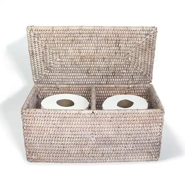 White Wash Rattan Double Toilet Paper Holder
