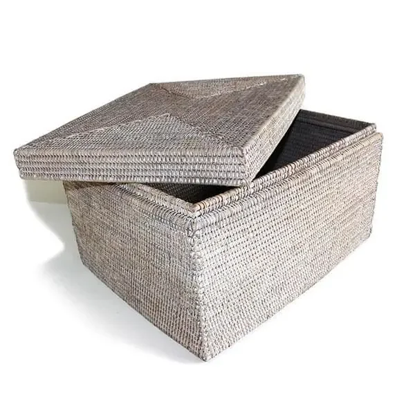 White Wash Rattan Rectangular Lidded Storage Basket