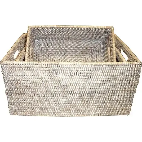 White Wash Rattan Rectangular Set of 3 Baskets w/ Handles