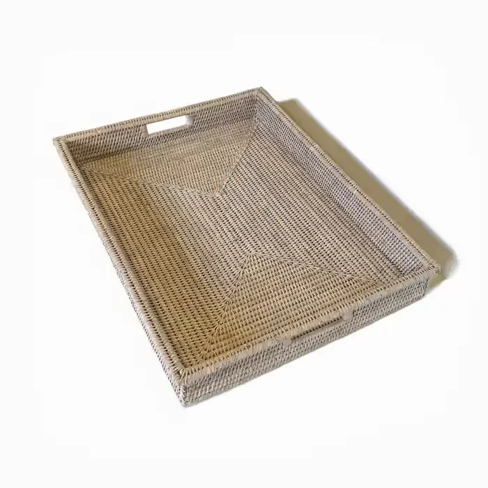 White Wash Rattan Rectangular Shallow Tray w/Handle 26″