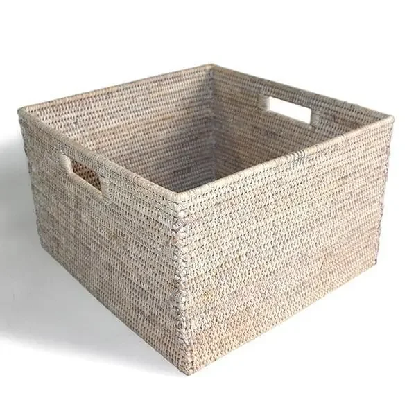 White Washed Rattan Basket Square Open w/ Cutout Handle