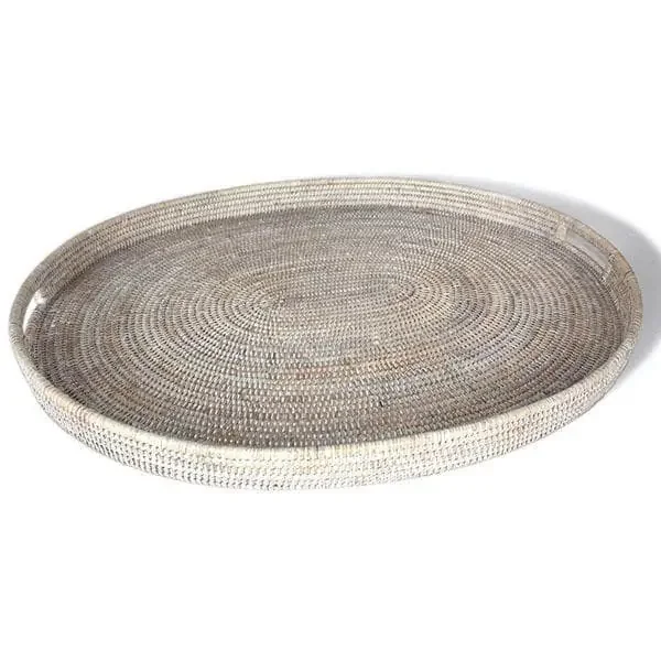 White Washed Rattan Oval Tray 28″