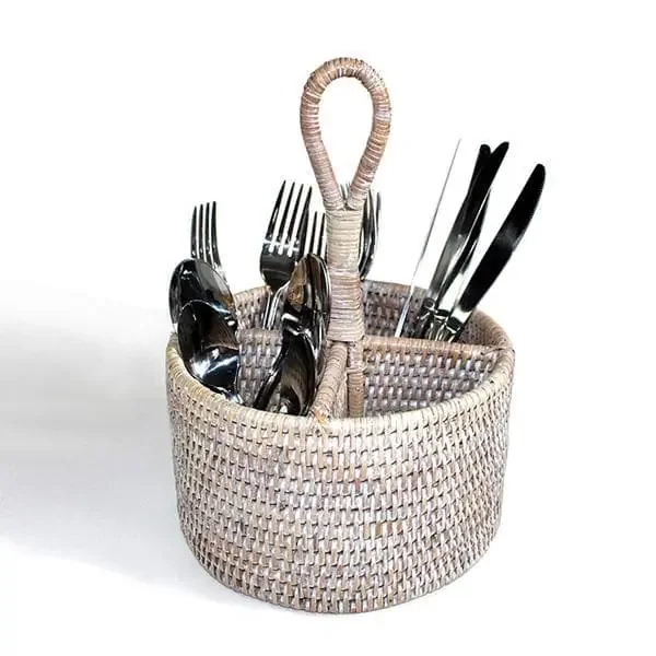 White Washed Rattan Round Utensil Caddy Basket