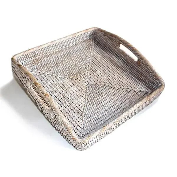 White Washed Rattan Square Tray 12″