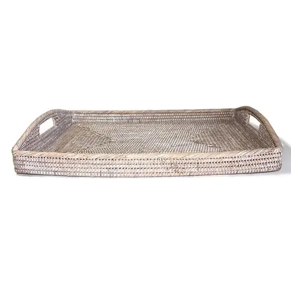 White Washed Rattan Tray Morning Rectangular Large 20.5″