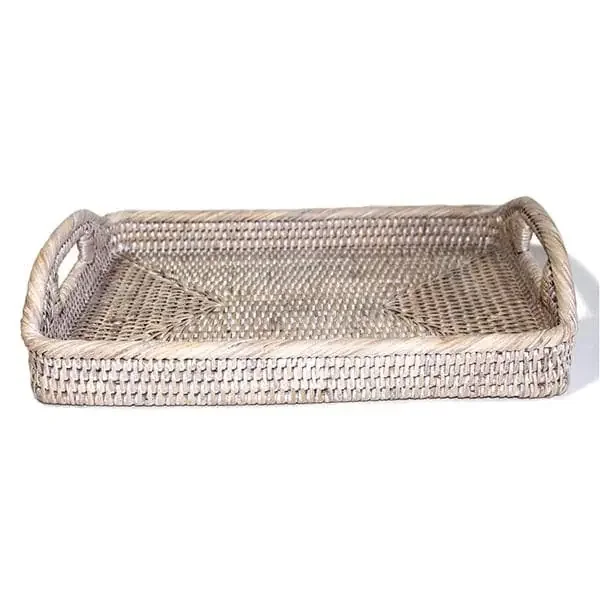 White Washed Rattan Tray Morning Rectangular Small 12″