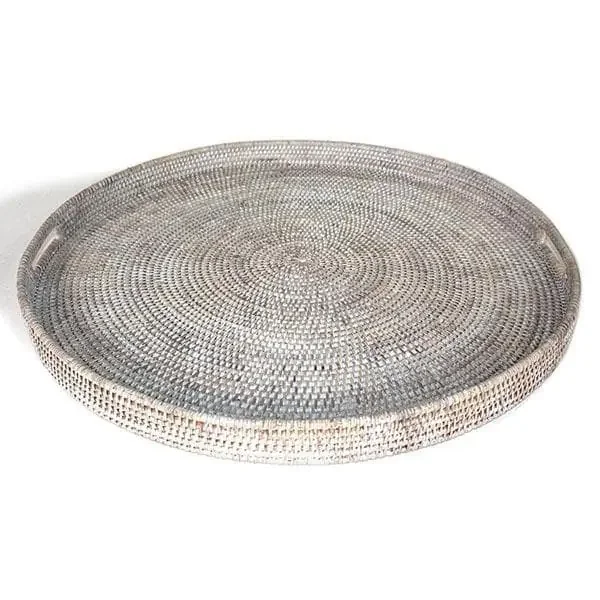 White Washed Rattan Tray w/ Handle Round 26″