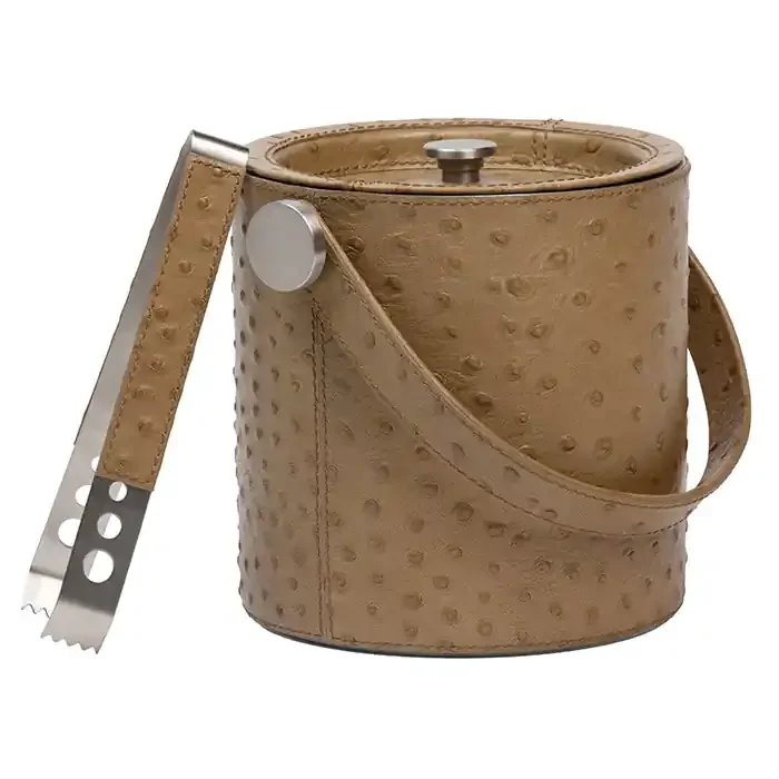 Witney Full-Grain Leather Ice Bucket and Tongs (Oat Brown Ostrich)