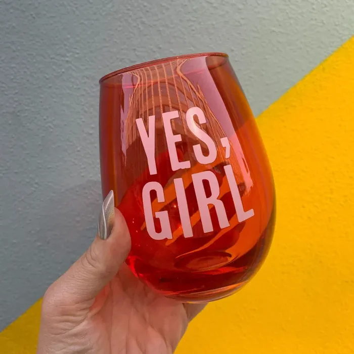 Yes, Girl Stemless Wine Glass in Red and Pink 20 Oz.