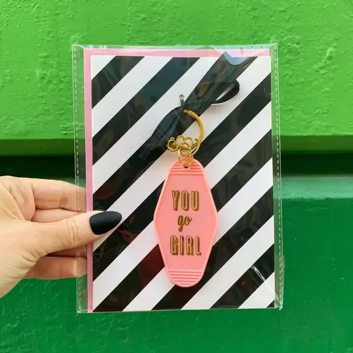 You Go Girl Motel Style Keychain with Greeting Card Gift for Her