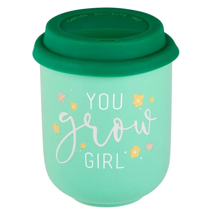 You Grow Girl Ceramic To Go Mug Holds 16 oz. Eco Mug with Silicone Lid and Sleeve