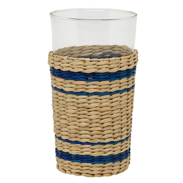 Zaley Natural/Navy Stripe Seagrass Highball Glasses Set/6